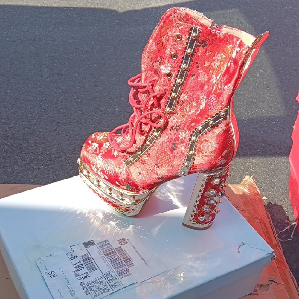 Red Floral Lace-Up Ankle Boots